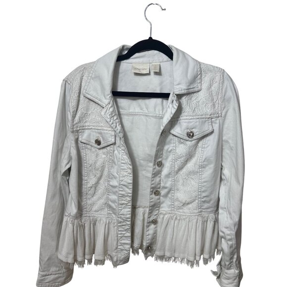 Chico’s Jackets & Blazers - Chico’s White Lace Ruffle Hem Jean Jacket Size 1 Small Button Up